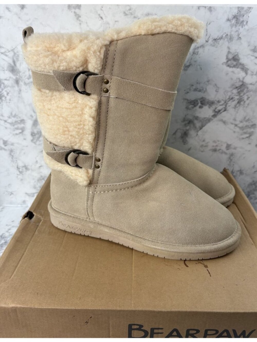 *New Bearpaw Mid Calf Boots Shearling Wool Lined Womens US 10 Tan Suede Leather - Picture 5 of 13